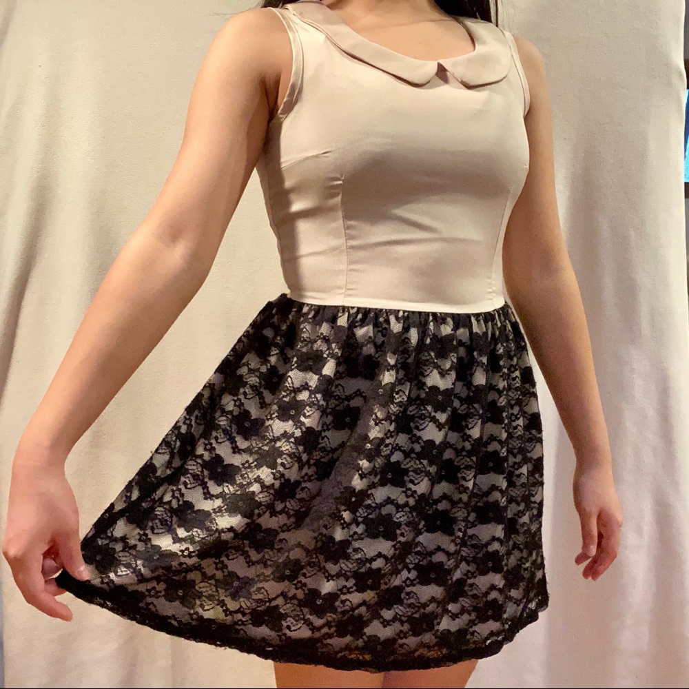 Beige and Black Collared Dress